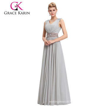 Grace Karin Long V-Neck sans manches en mousseline de soie Light Grey Evening Dress CL3403-2